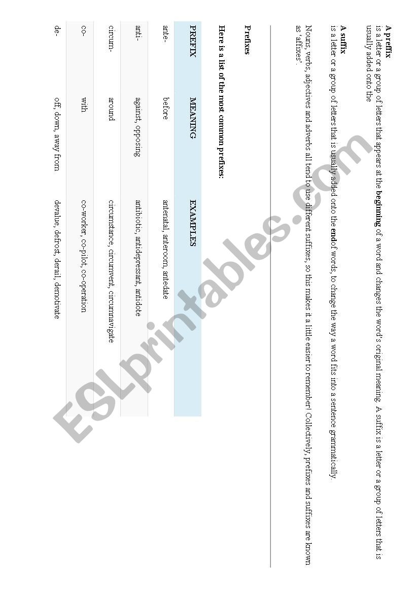 preffix and suffix list worksheet