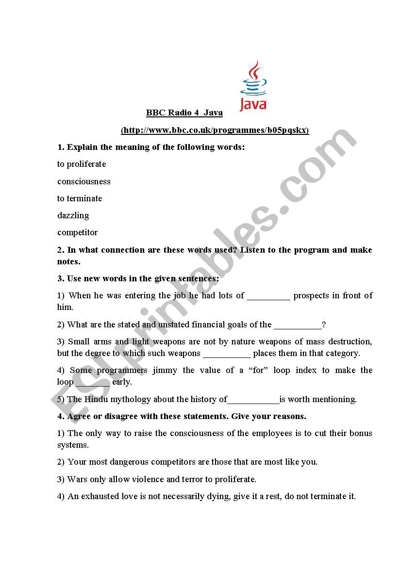 Prjgramming languages Java worksheet