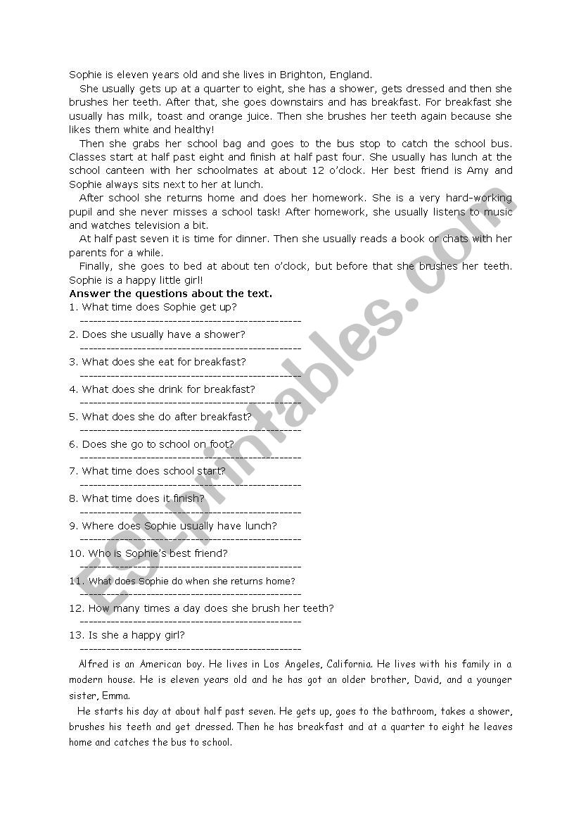 daily routines short texts worksheet