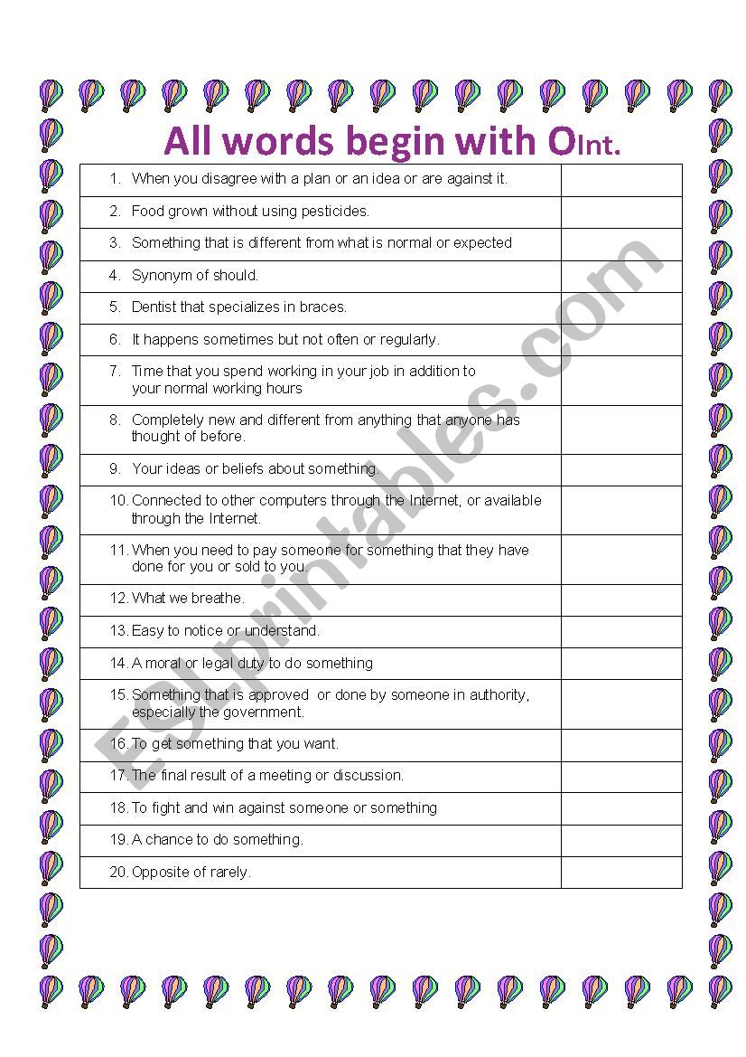 All the words begin with O intermediate