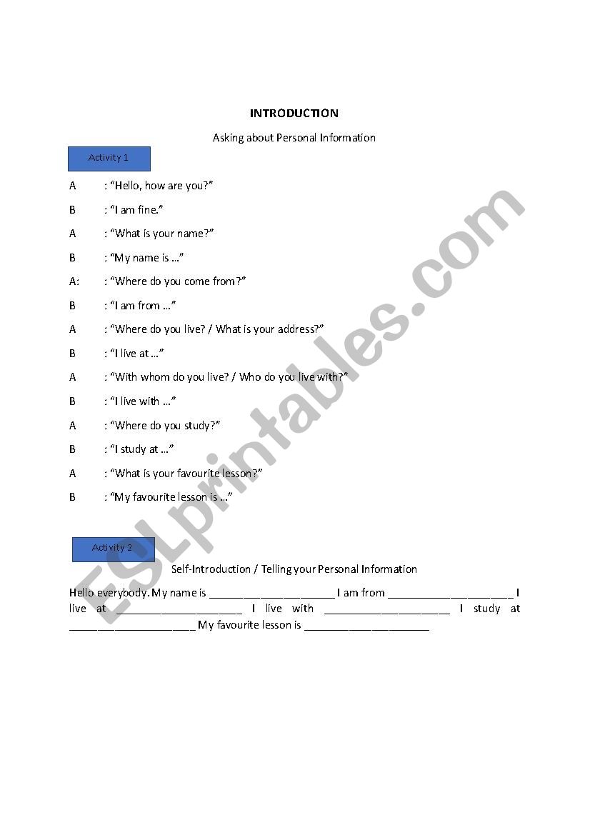 INTRODUCTION worksheet