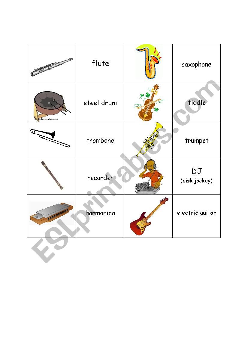 Music instruments (memory) worksheet