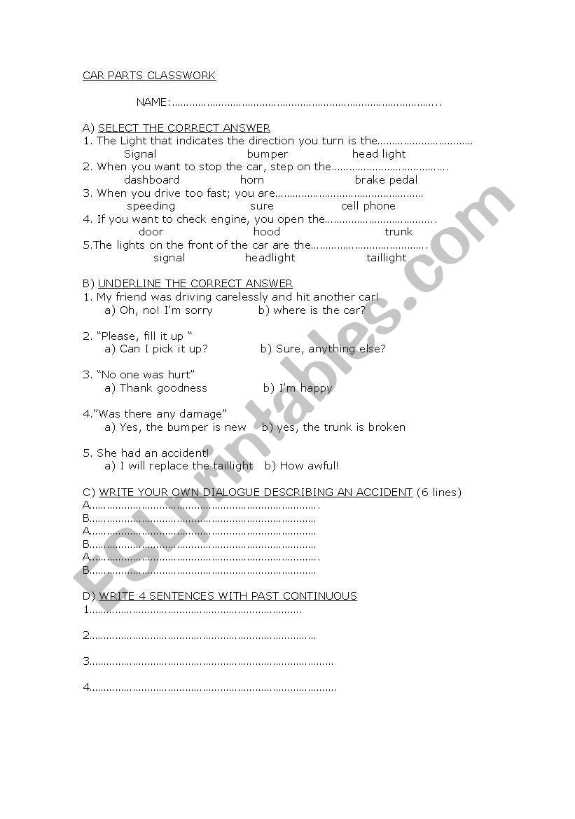 car parts worksheet