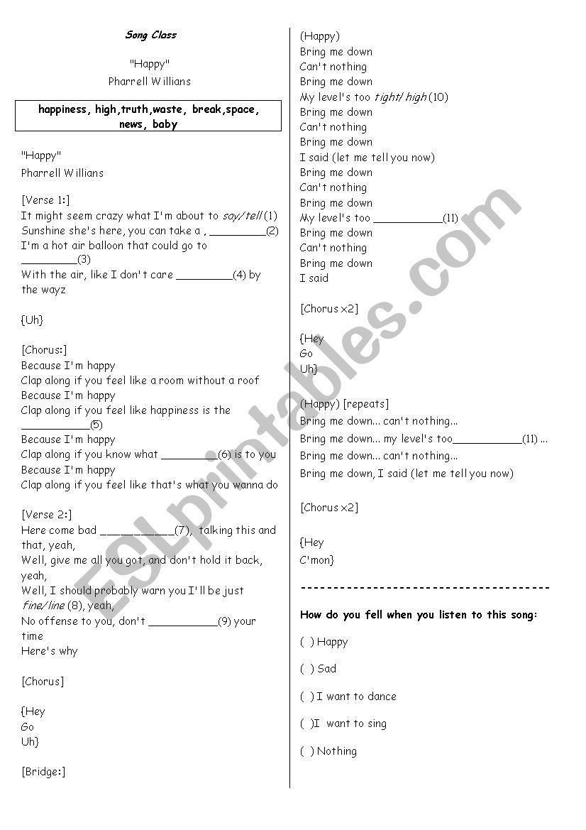 happy - Pharrell Willians - worksheet