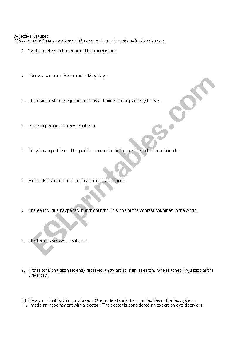 Adjective clauses worksheet