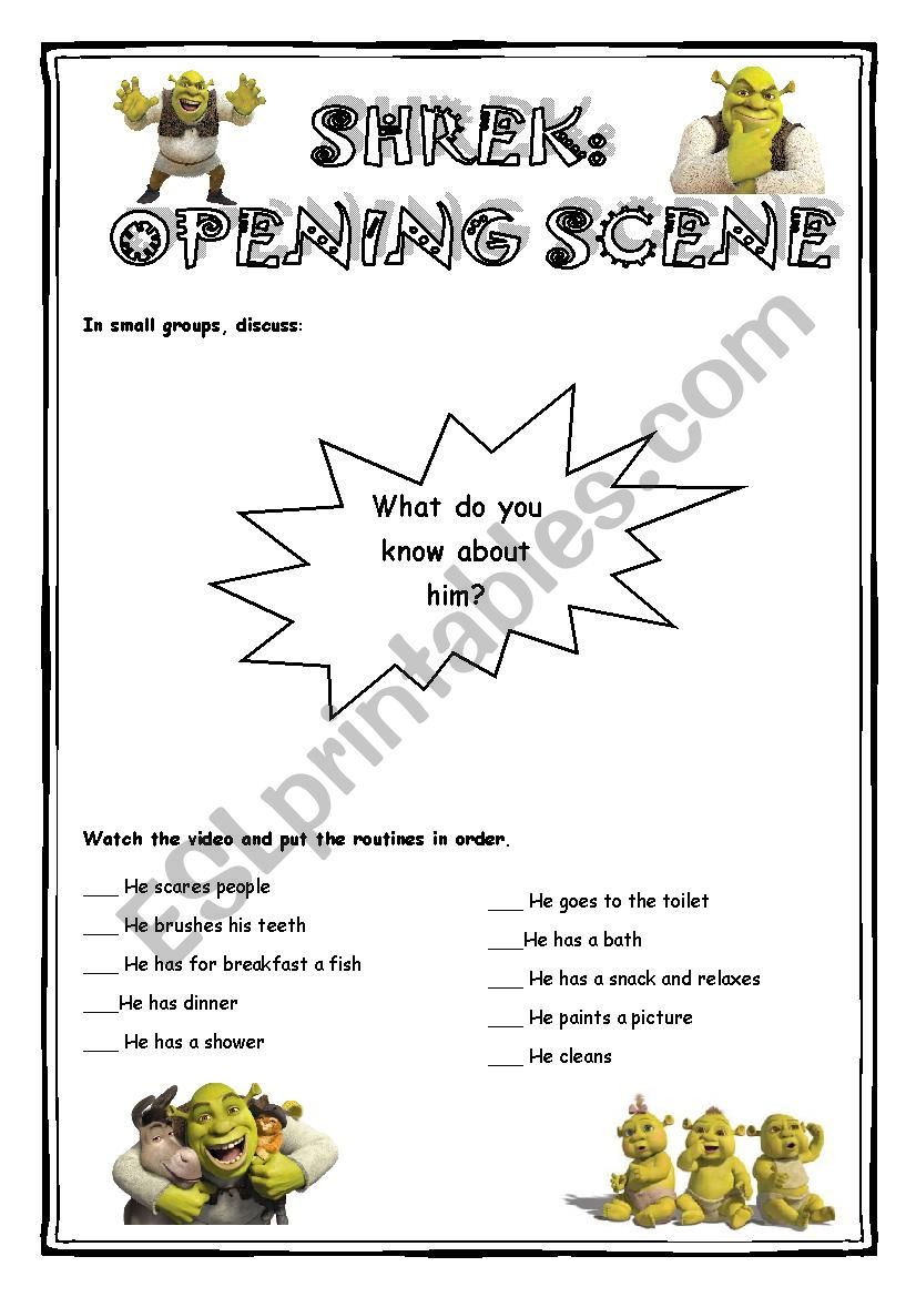 Shrek´s Routines - present simple - ESL worksheet by anaclara21