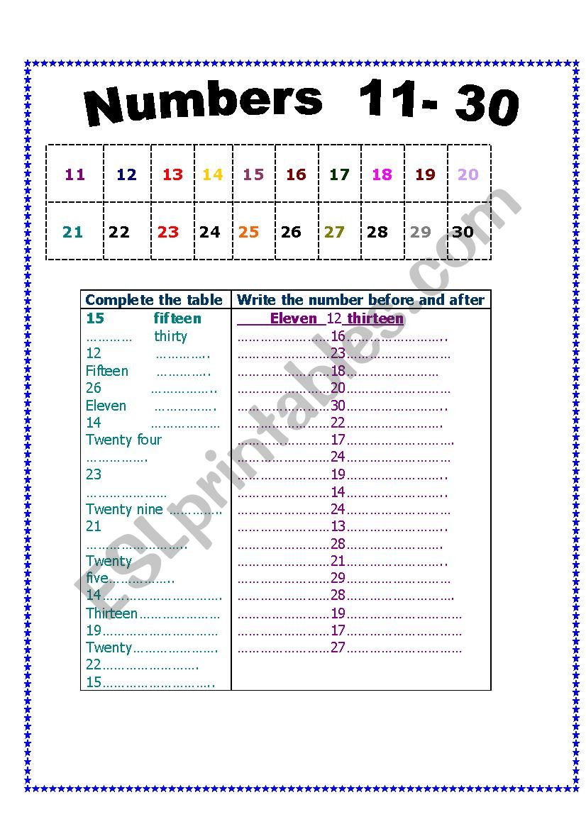 Number 11- 30 worksheet