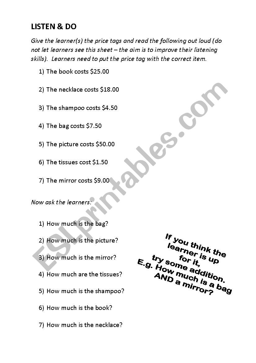 Price Tags - Listen & Do worksheet