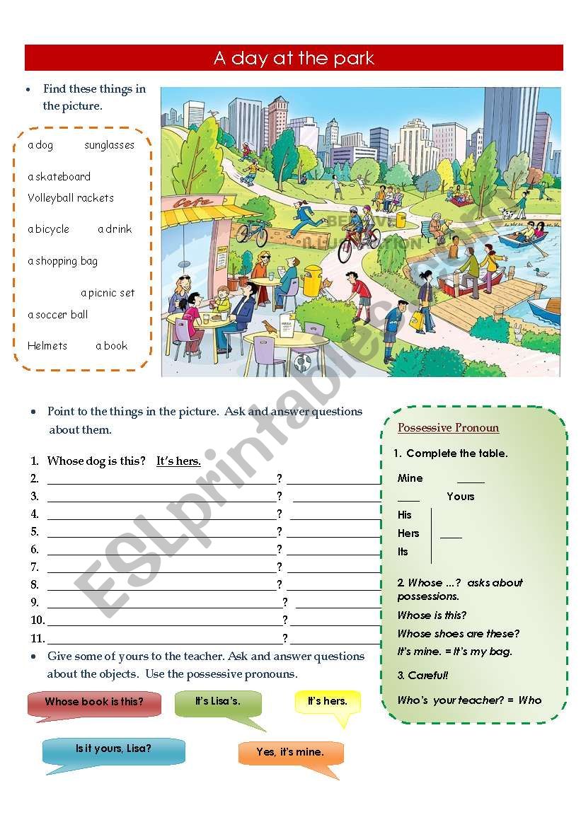 A day at the park worksheet