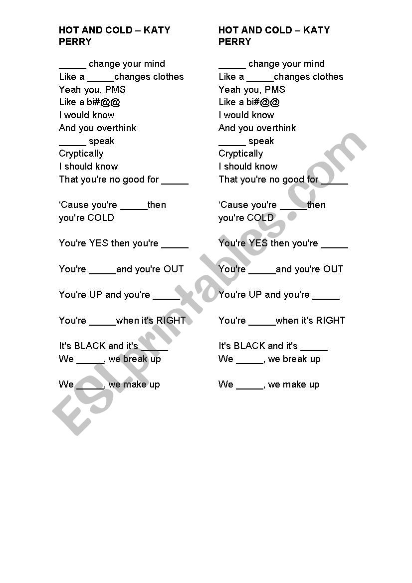 Hot and Cold Song Worksheet worksheet