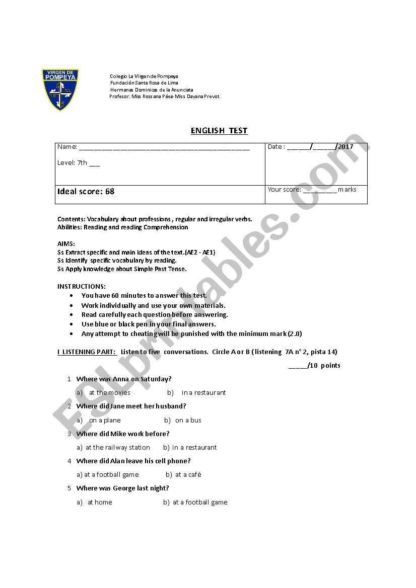 past simple english test  worksheet