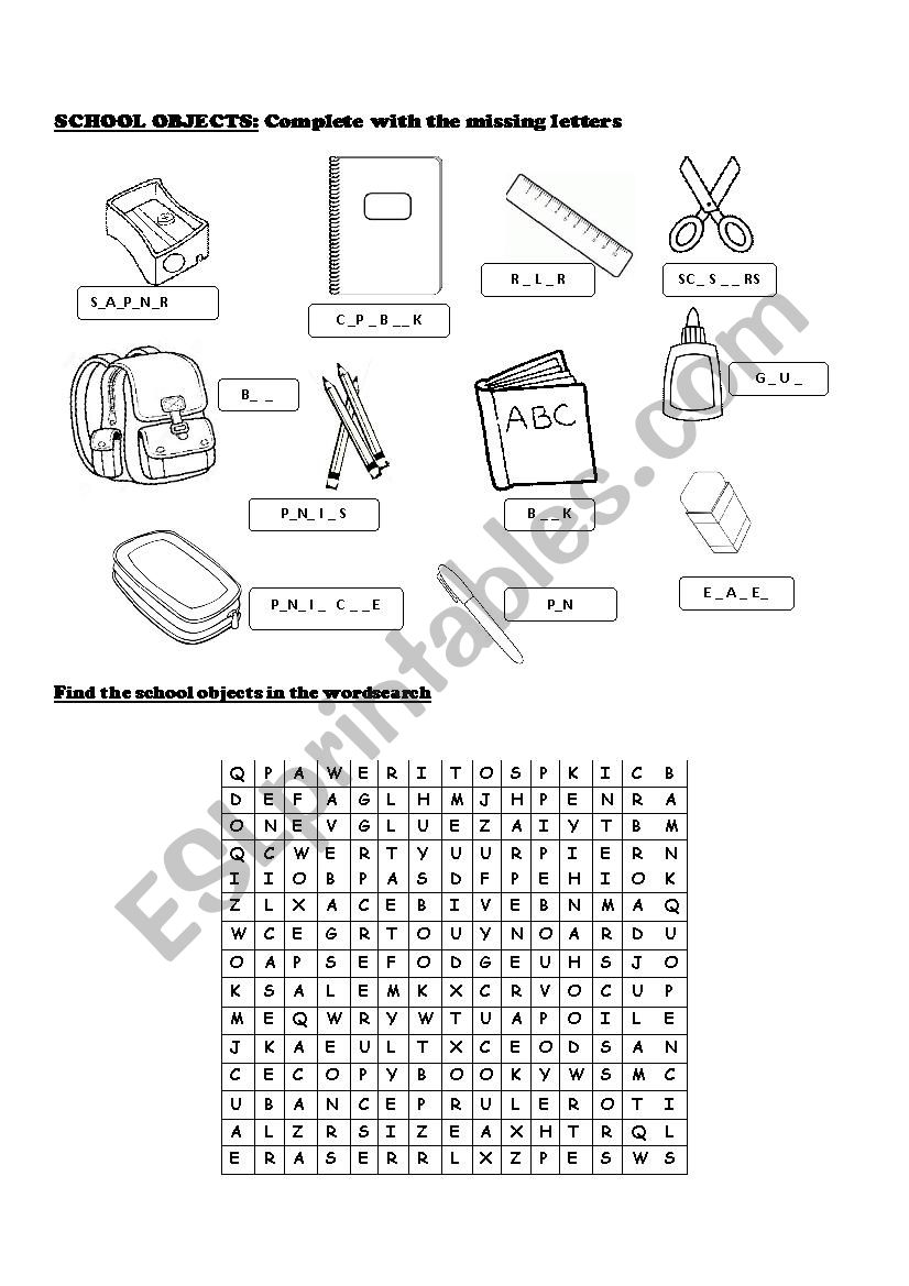 School Objects activities worksheet