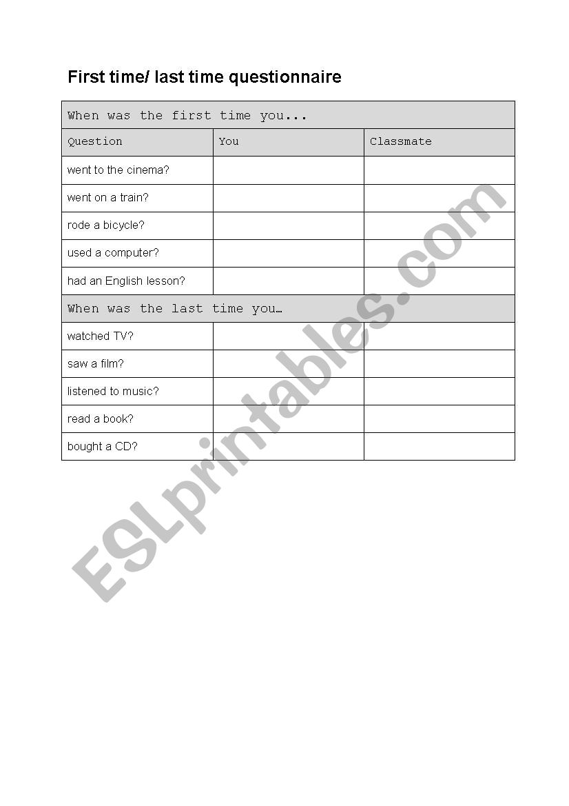 first time/last time worksheet