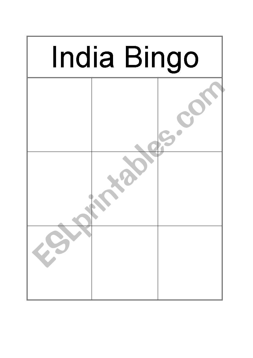 India Bingo worksheet