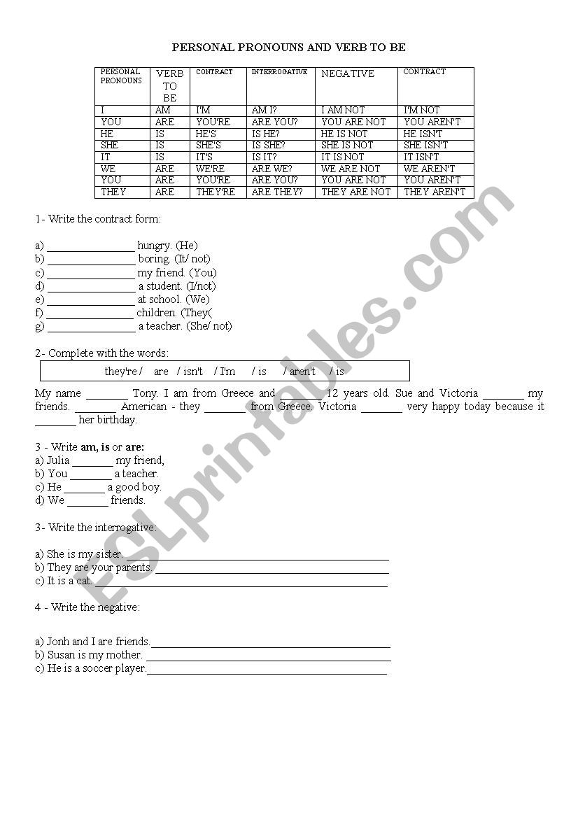 Exercise Personal Pronouns + Verb TO BE