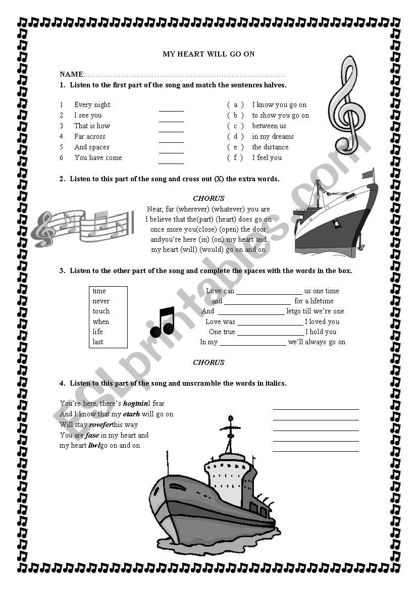 My heart will go on song worksheet