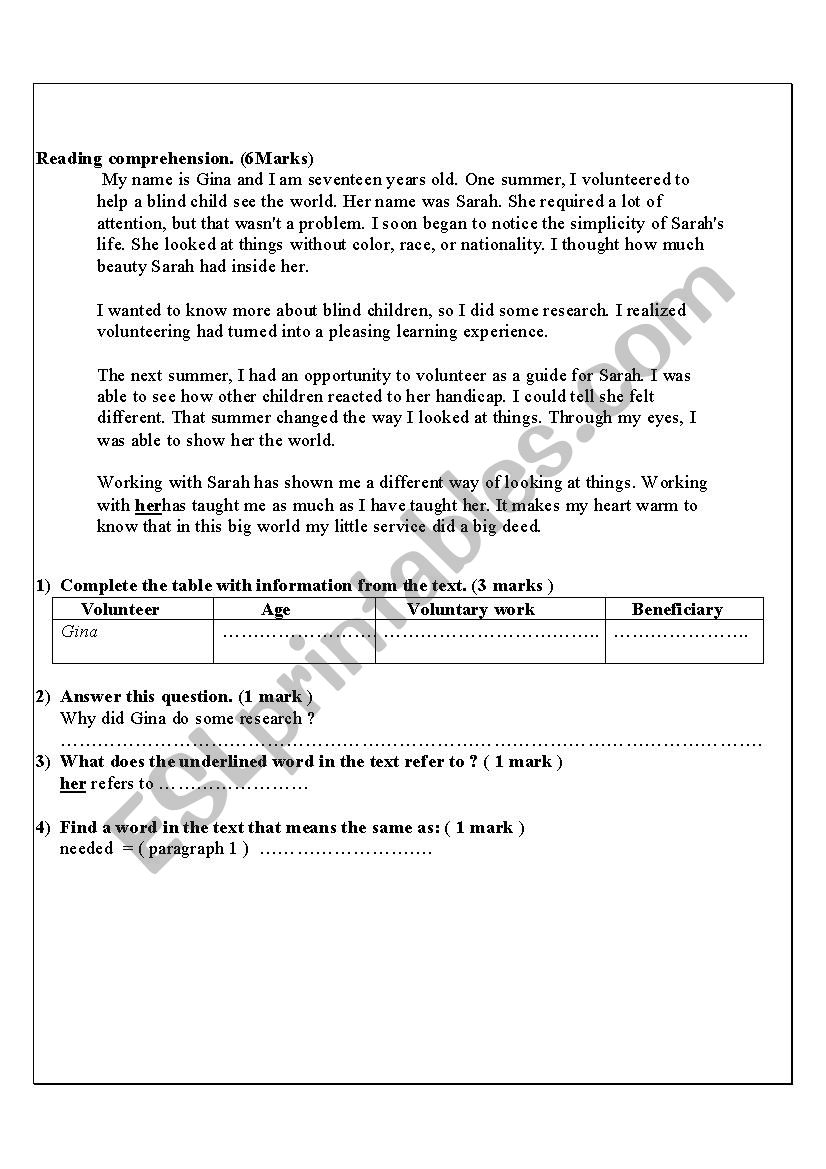 Ginas story worksheet