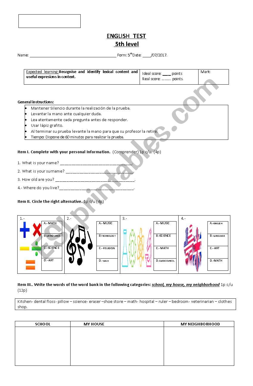 english written evaluation 5th level