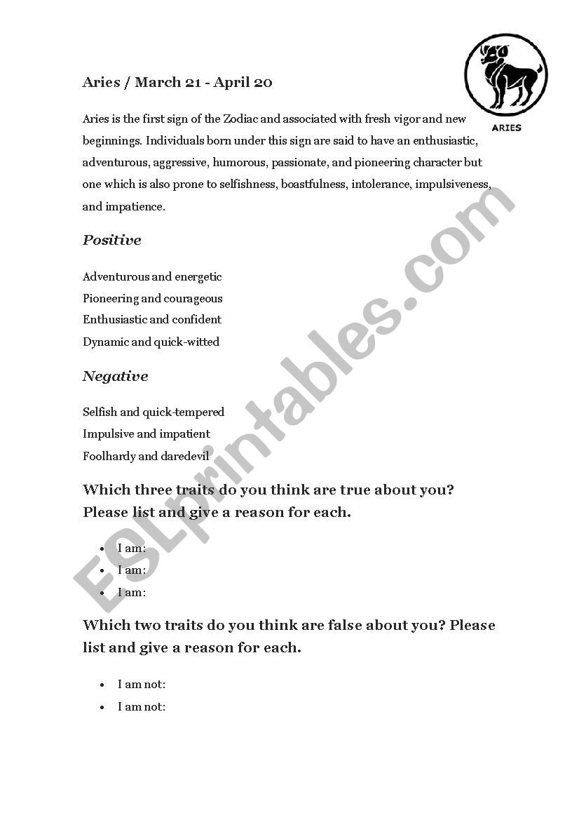 Zodiac worksheet