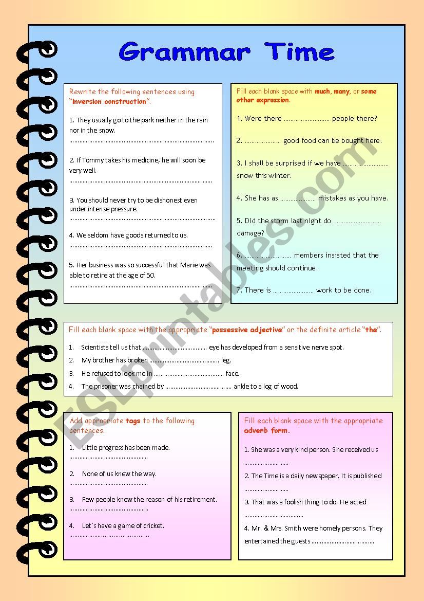 inversion construction, possessive adjective, tags, adverb forms