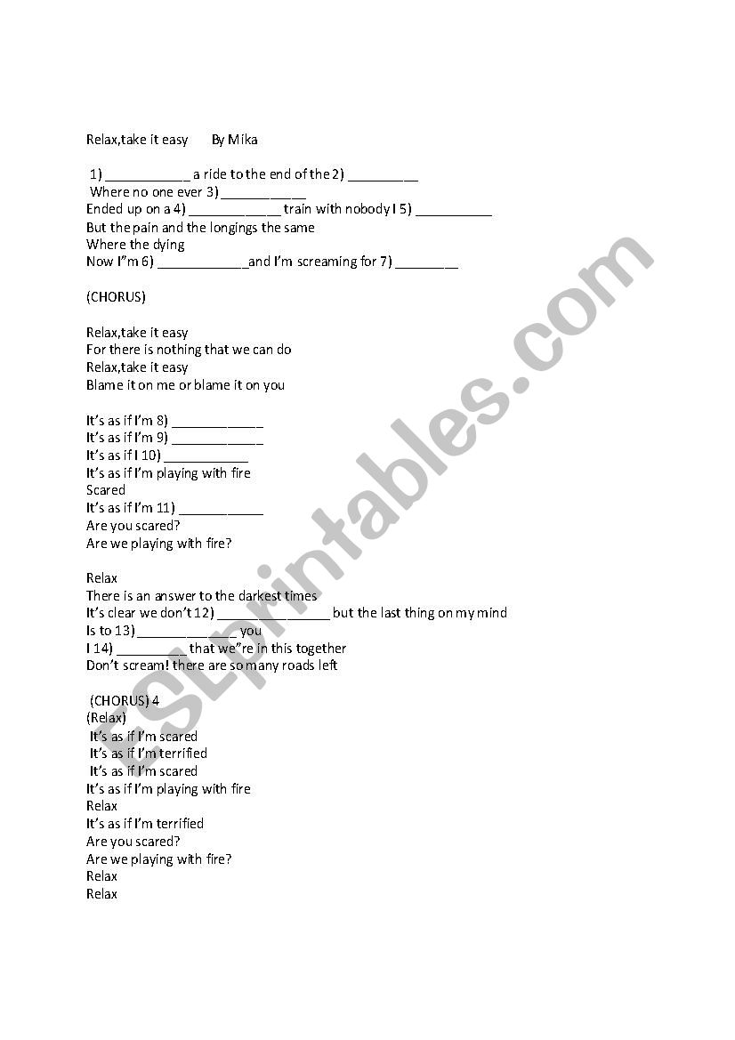 Relax,take it easy worksheet