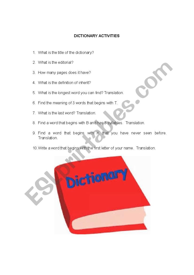 dictionary tasks year 4