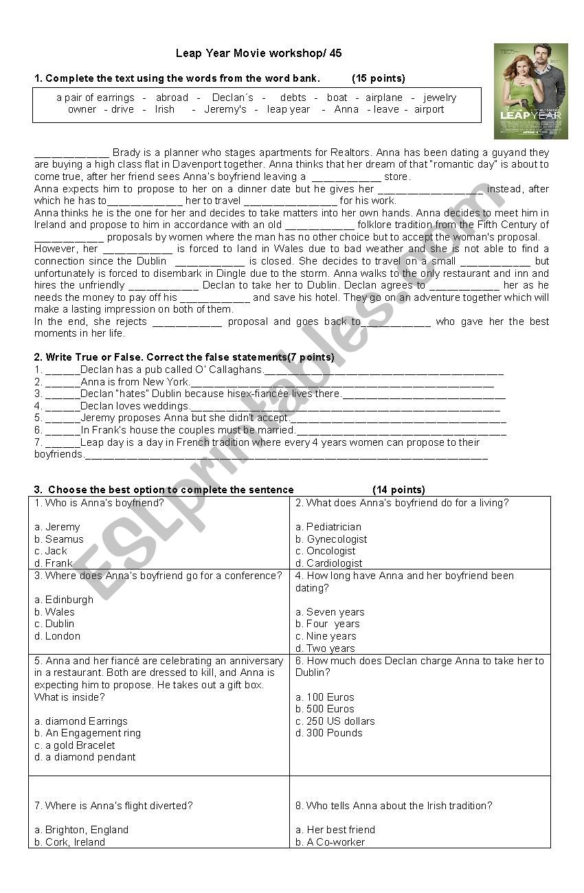 Leap Year movie workshop worksheet