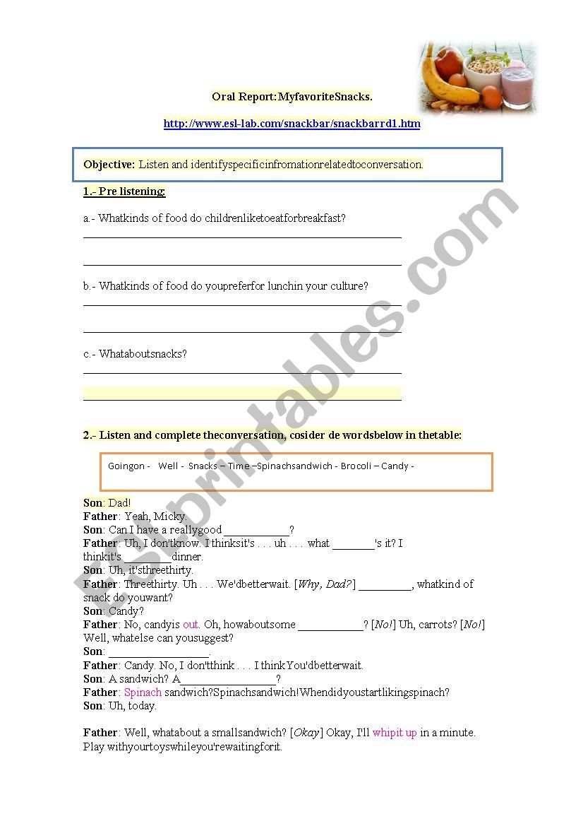 my ideal snacks worksheet