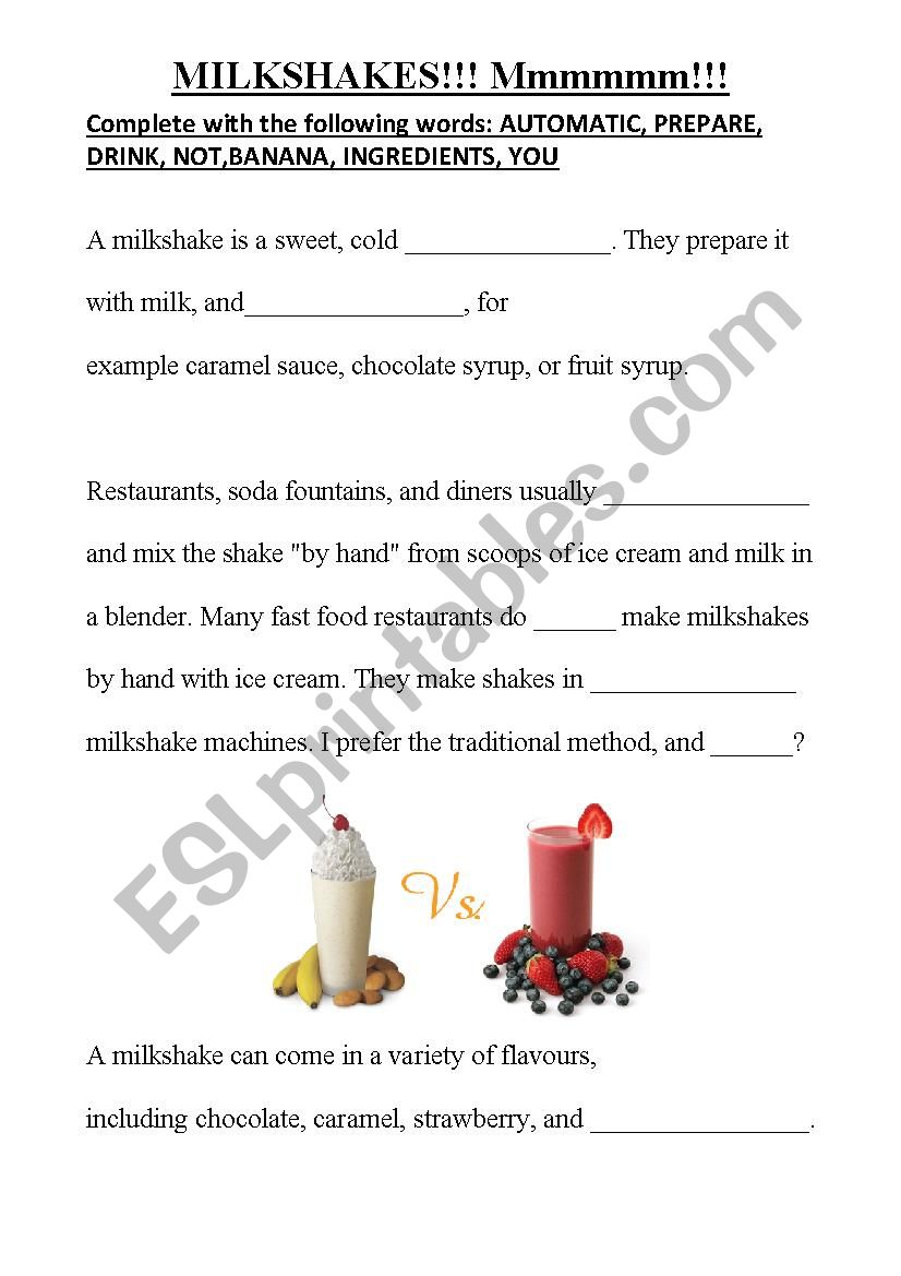 Milkshakes worksheet