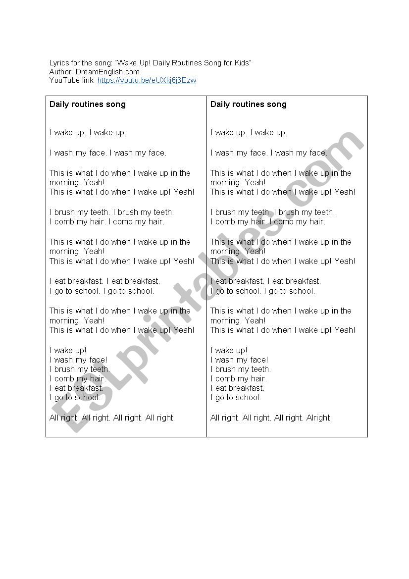 Lyrics for the song: Wake Up! Daily Routines Song for Kids by DreamEnglish.com
