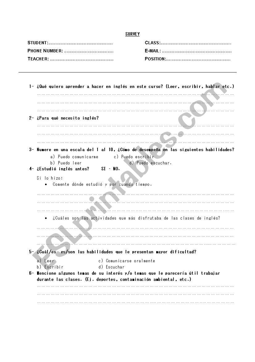 First class survey worksheet