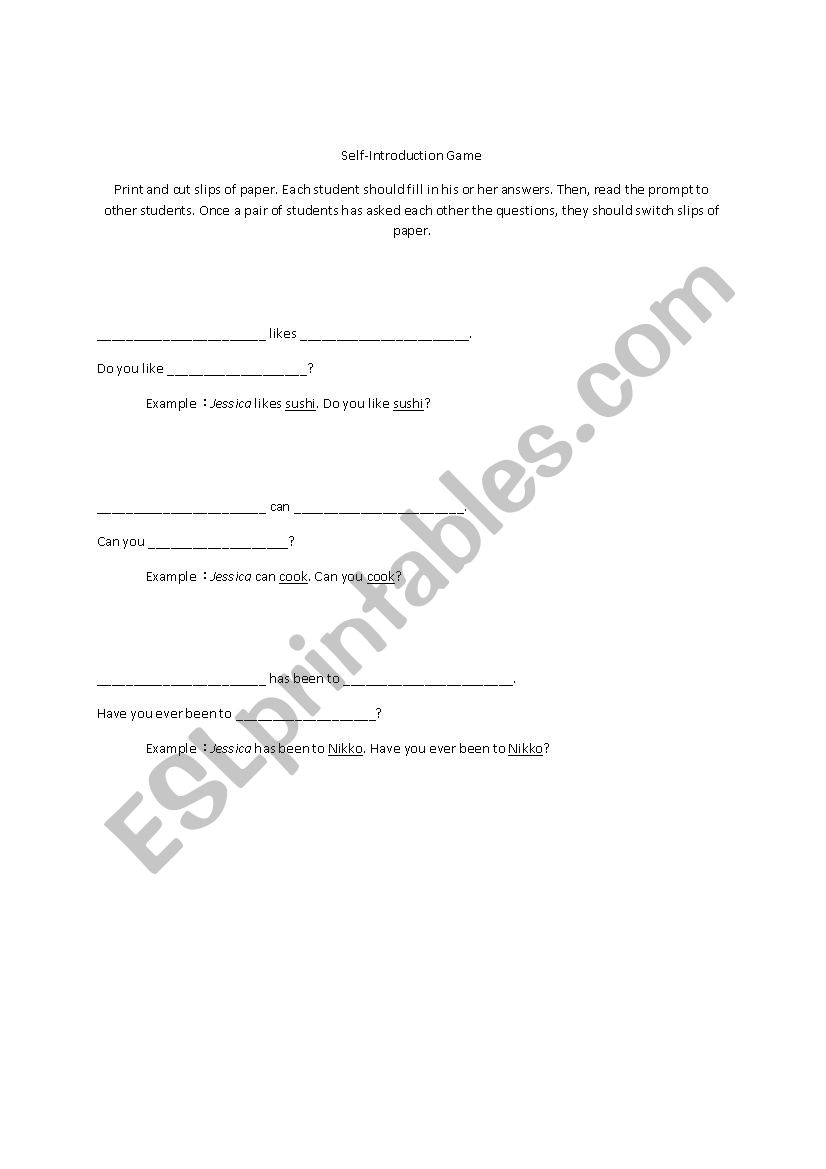 Self-introduction Game worksheet