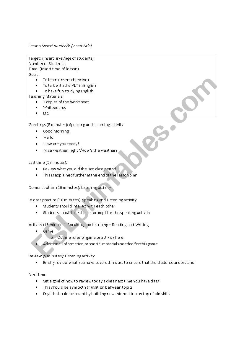 Lesson Plan Template worksheet