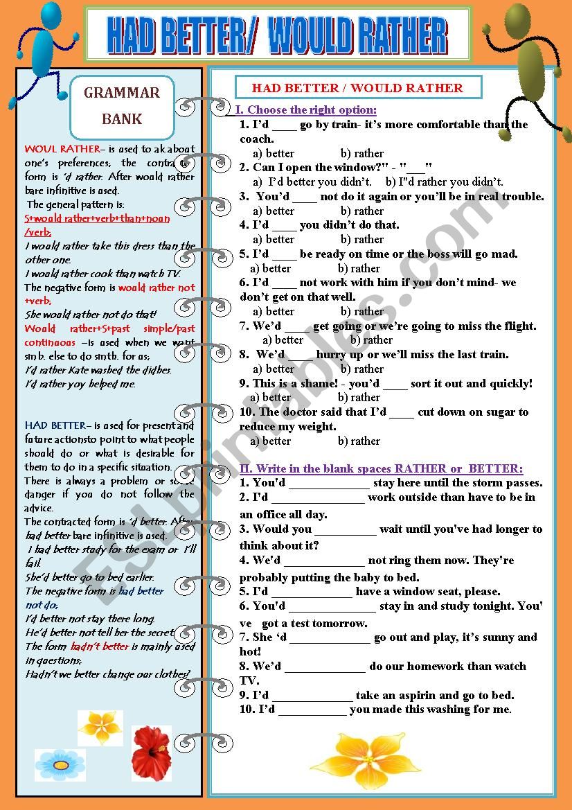 Would rather and Had better worksheet Would rather and Had better worksheet
