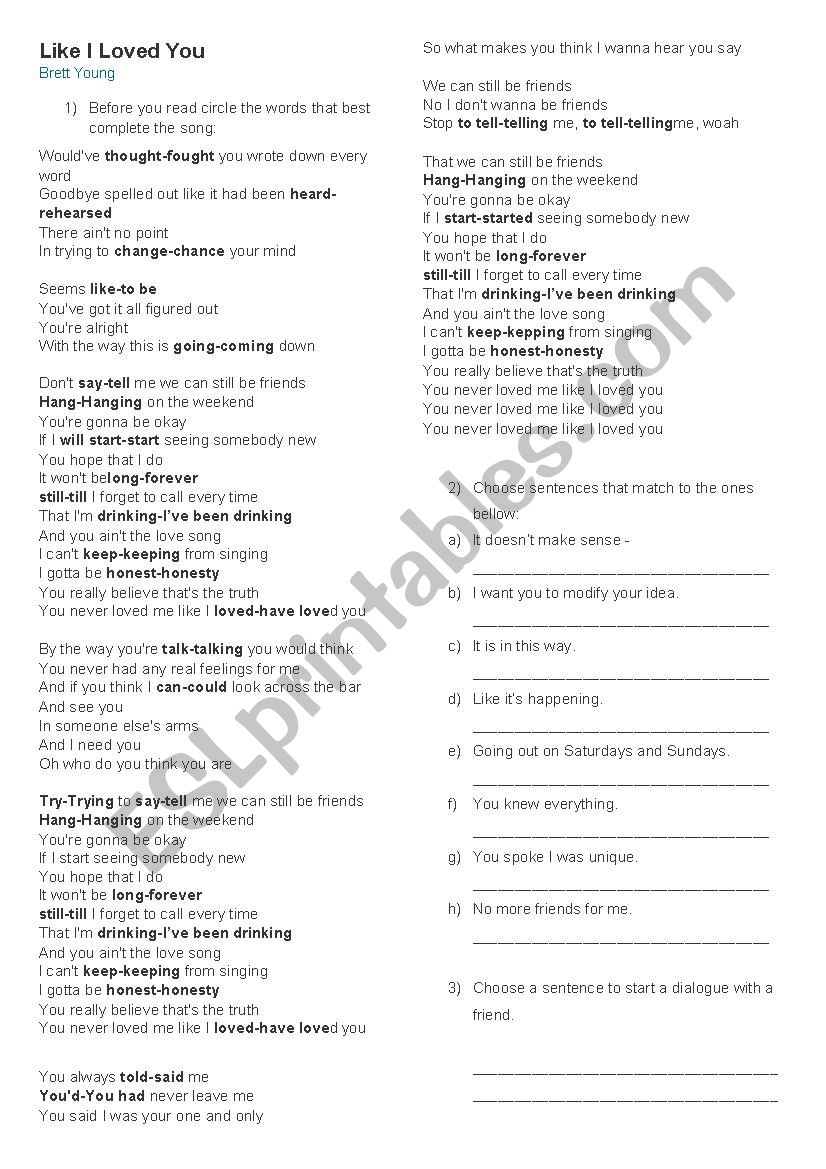 like I loved you worksheet