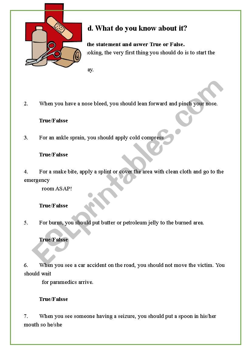 First Aid true or false worksheet