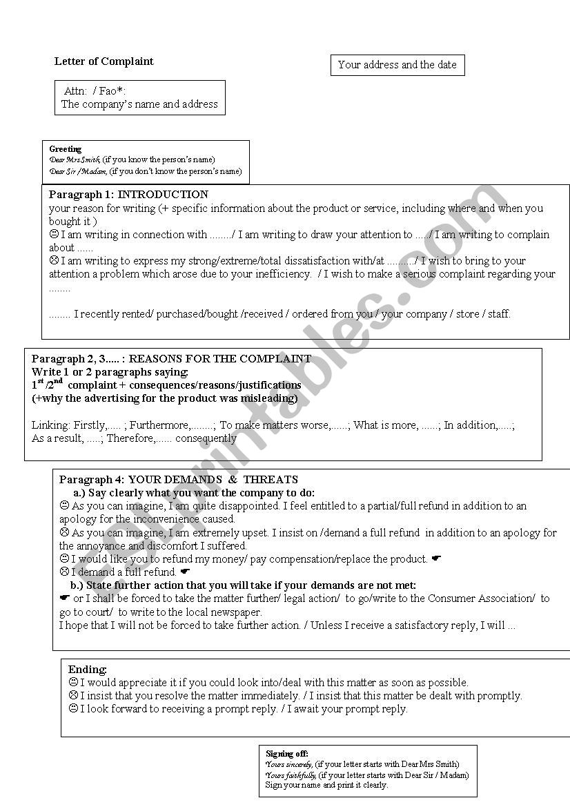 Letter of complaint worksheet