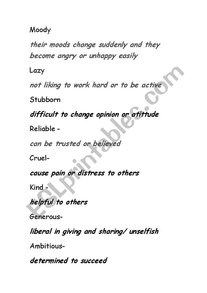 personality definitions worksheet