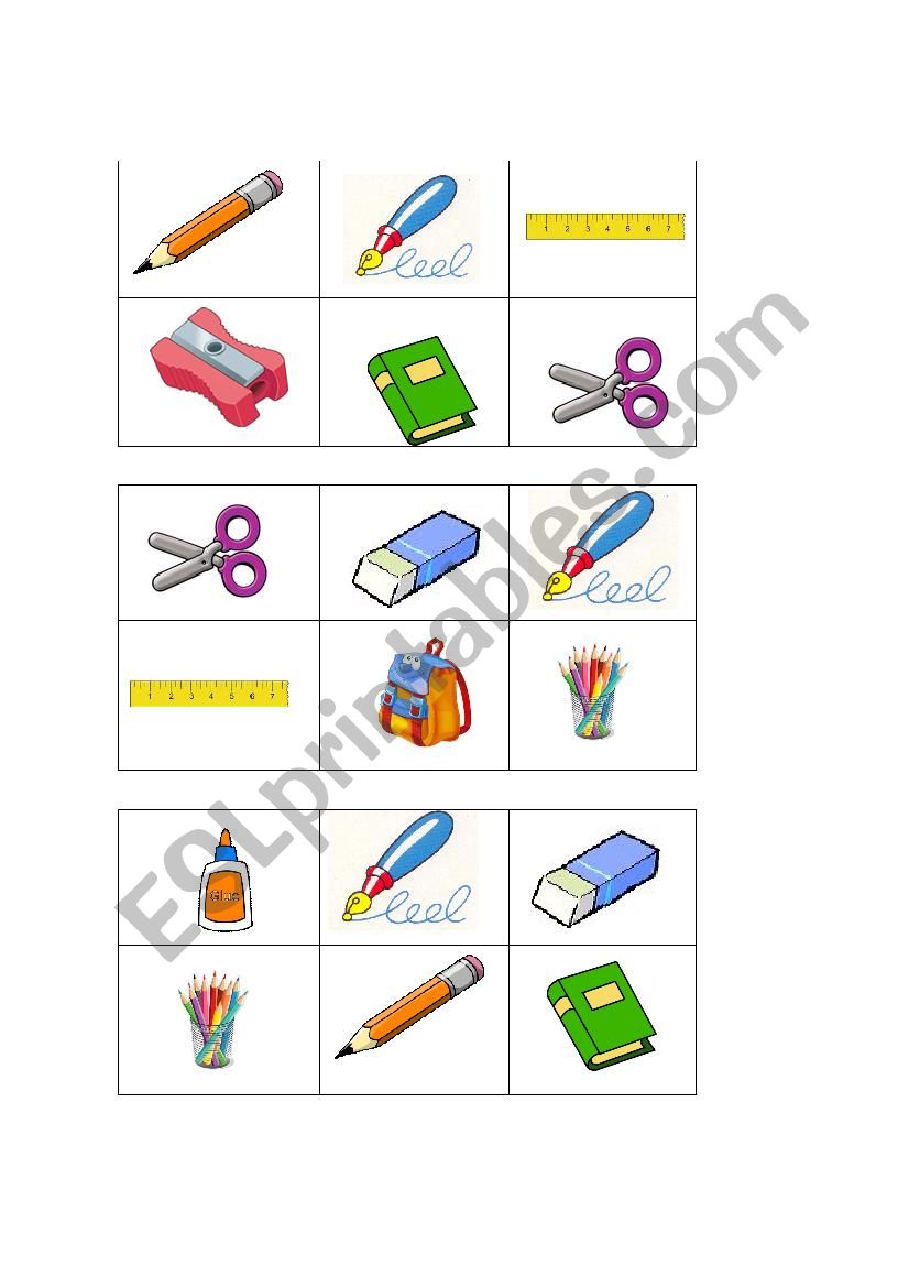 School Objects Bingo worksheet