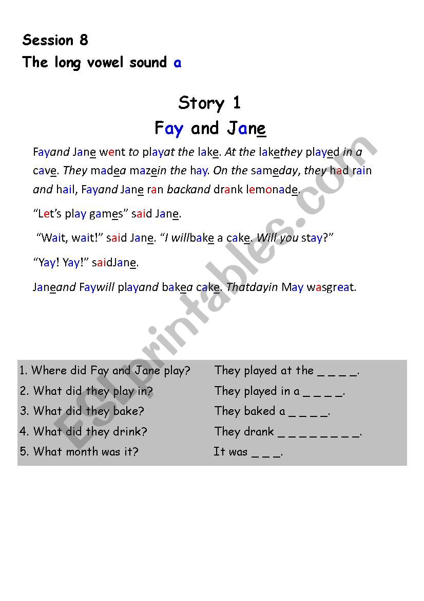 Long vowel sound a reading worksheet