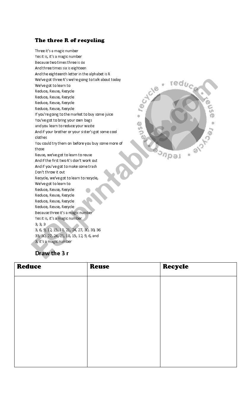 Lets sing the 3 R worksheet