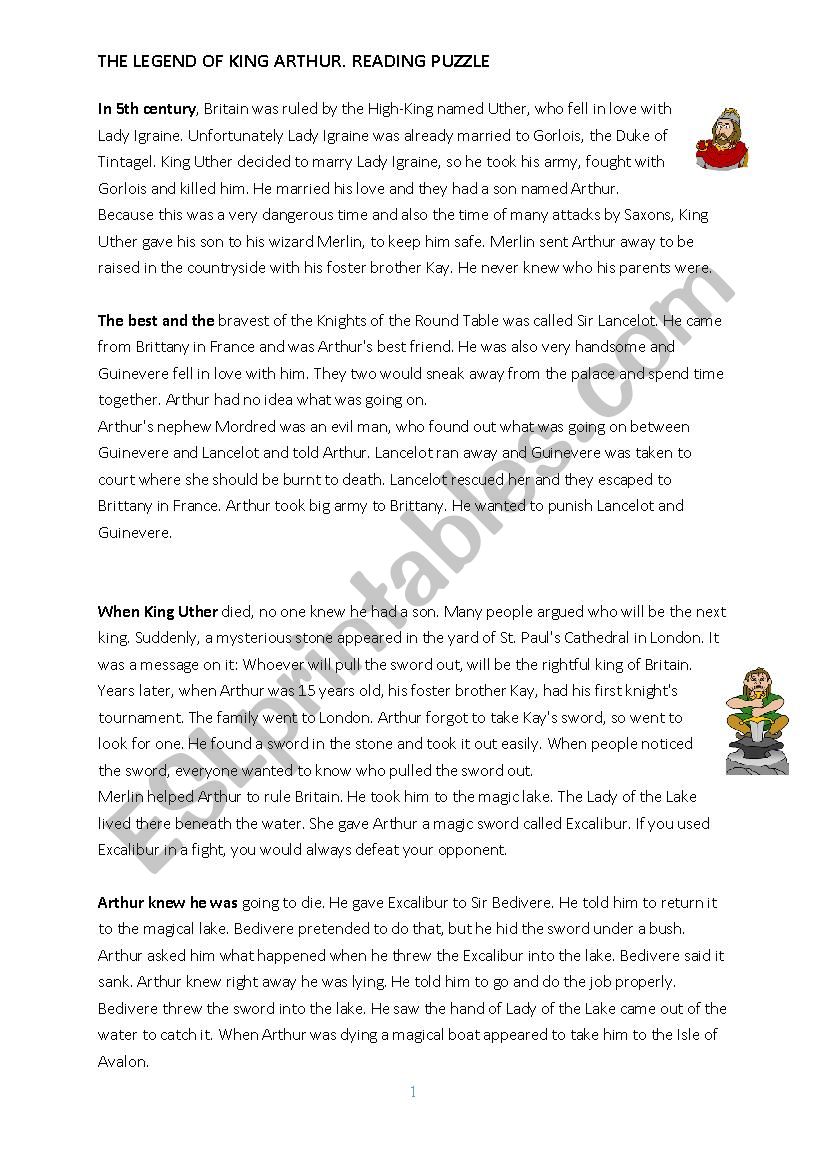 The legend of King Arthur worksheet