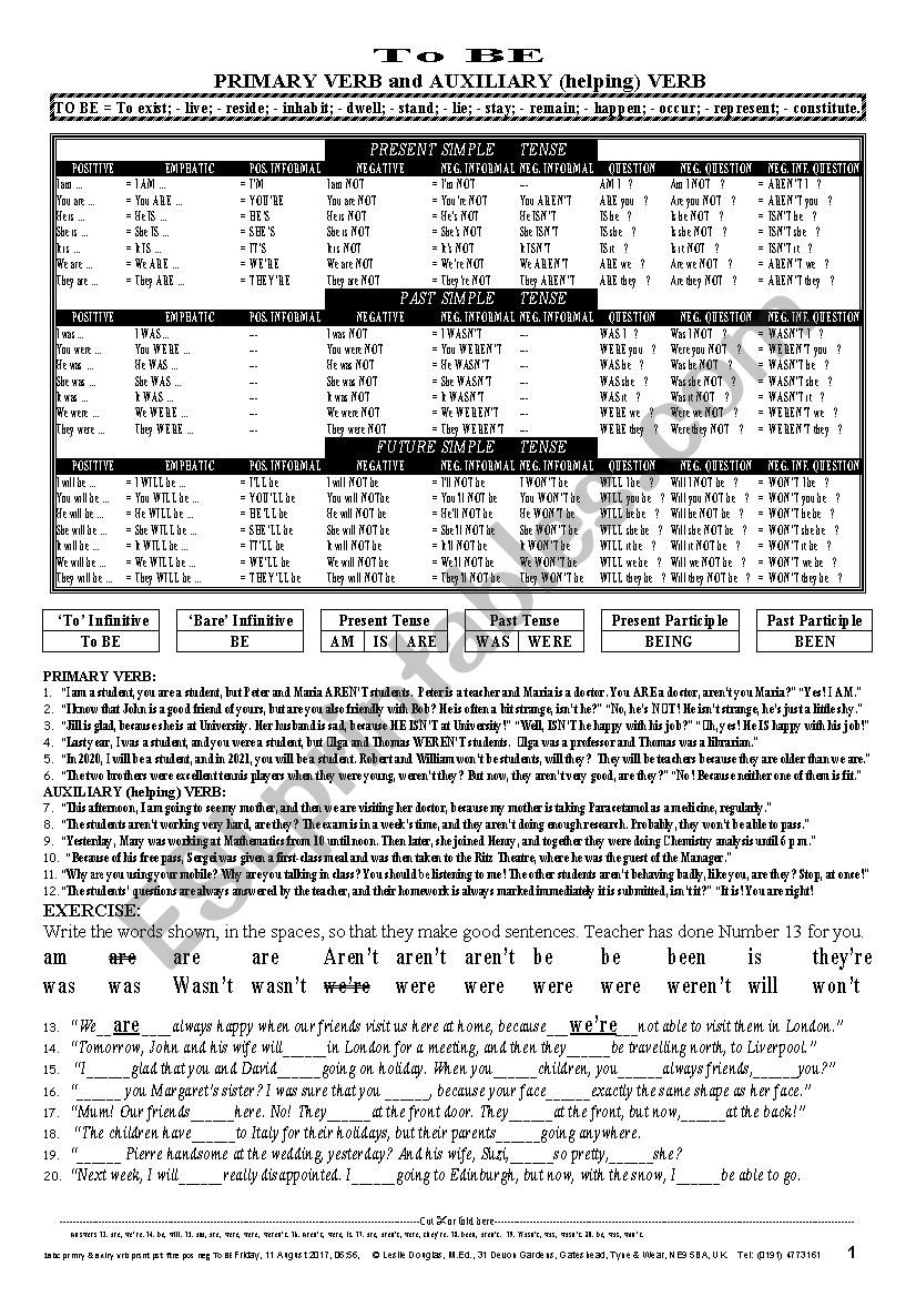 VERB 001 To BE: Primary Verb and Auxiliary (helping) Verb