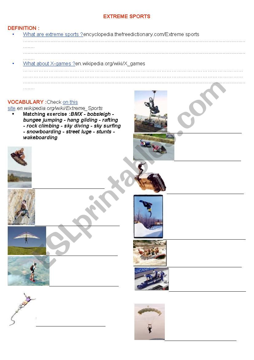 Extreme sports web quest  worksheet