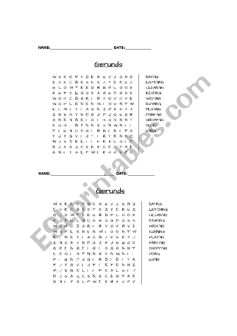 Gerunds Word Search worksheet