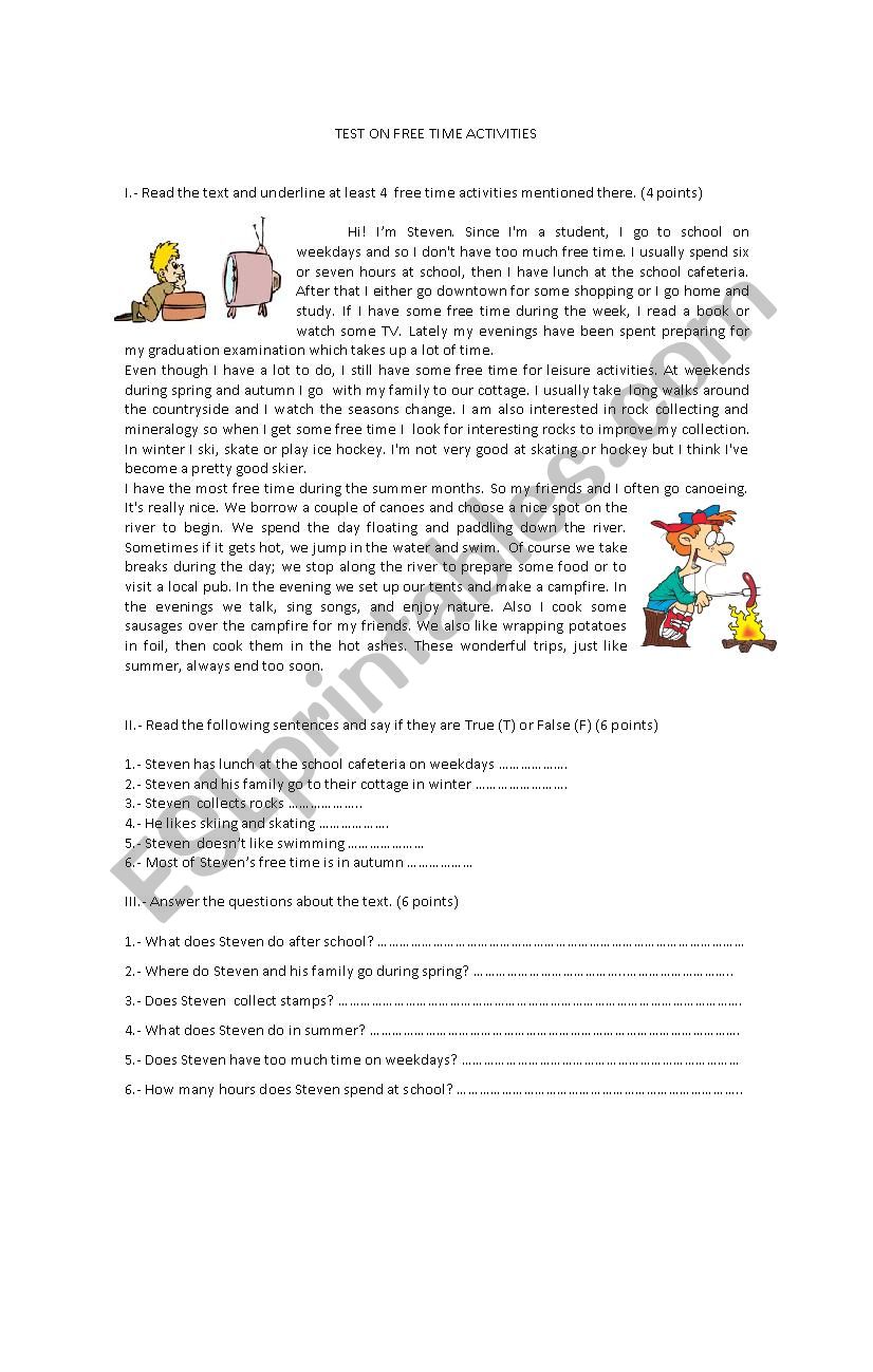 FREE TIME ACTIVITIES TEST worksheet