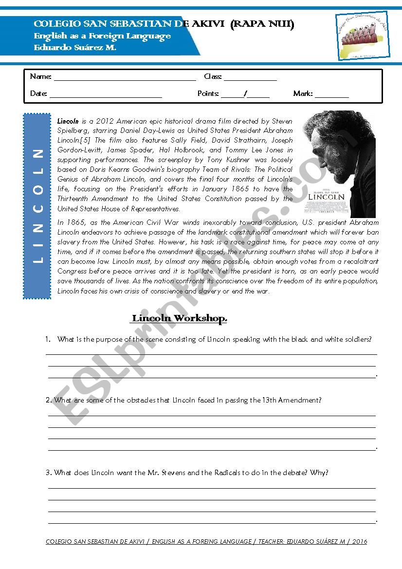 Lincoln - movie (2012) worksheet