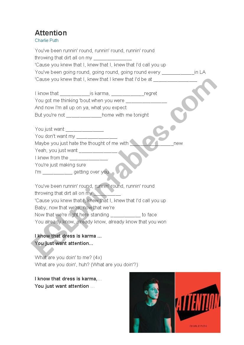 Attention - Charlie Puth worksheet