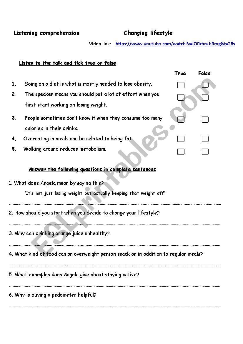 Listening Comprehension Based on a Video Talk: Healthy Lifetyle + Reading Comprehension on Obesity