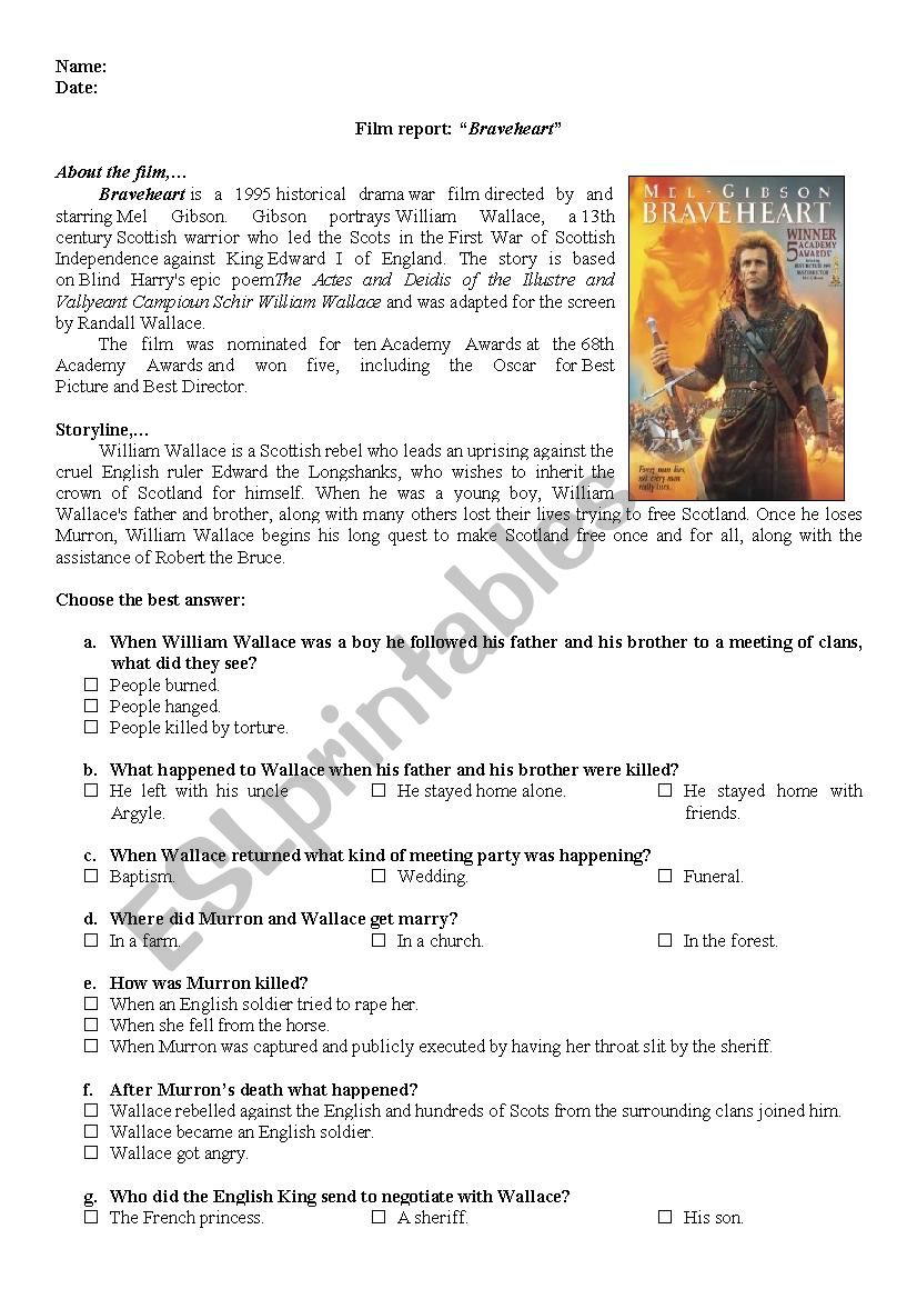 Braveheart_movie worksheet